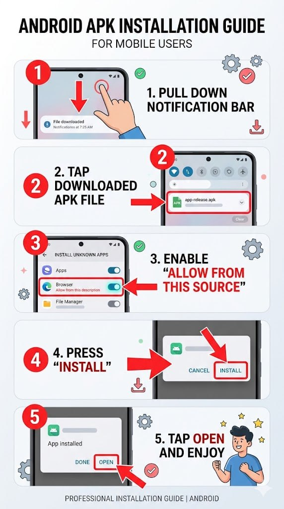 Android APK installation guide for mobile users — pull down notifications, tap the APK, allow from this source, press Install, then Open